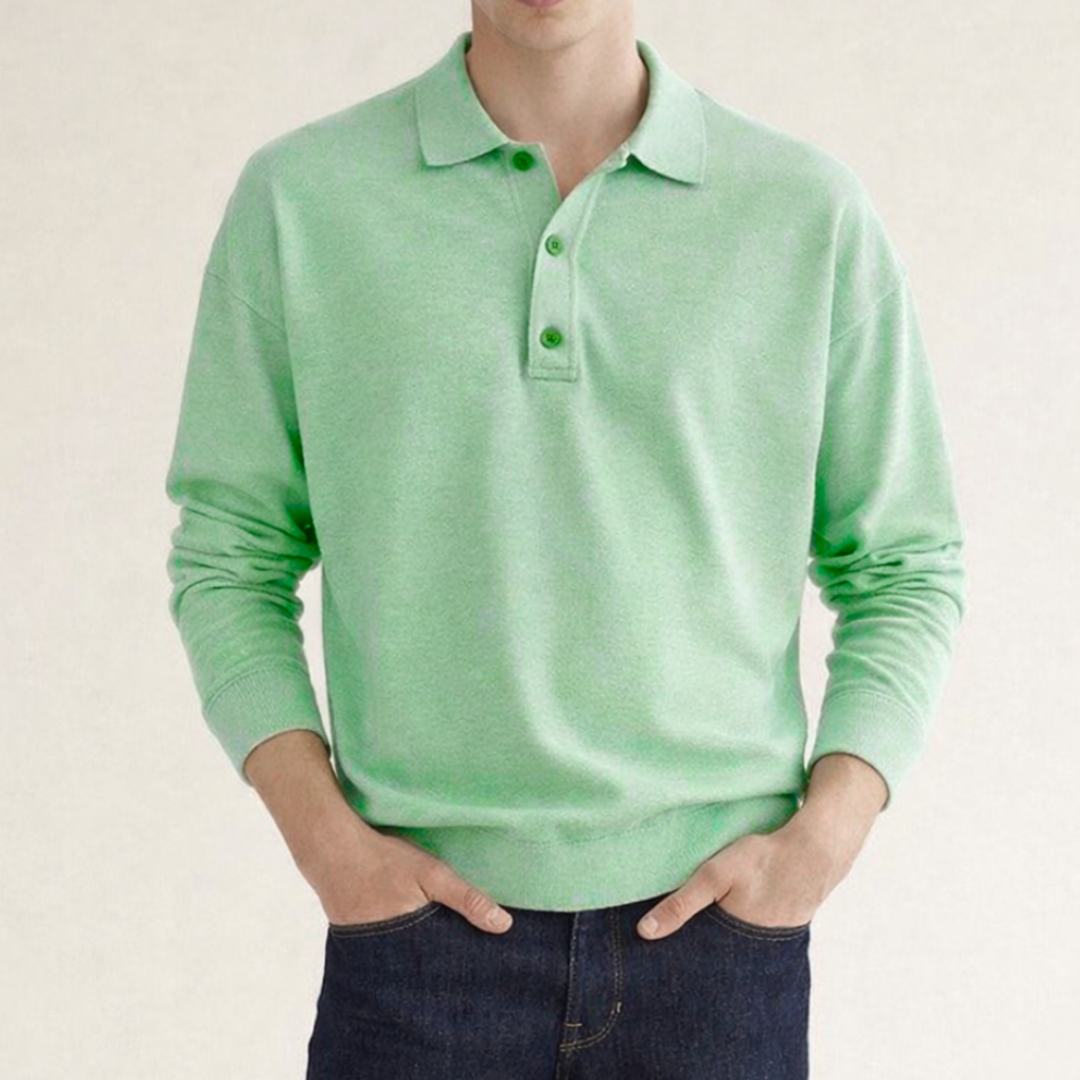 Men's Knitted Polo Shirt Long Sleeve in green, Relaxed Fit