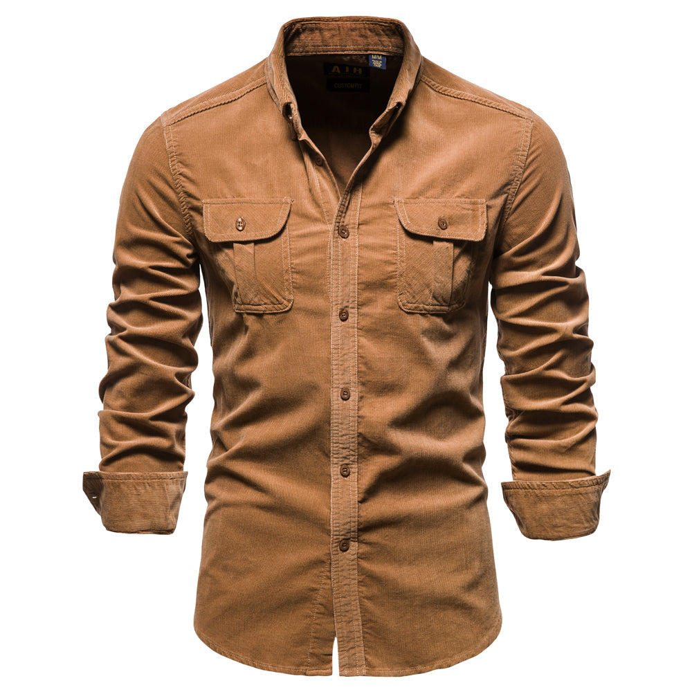Men's Slim Fit Casual Shirt in brown, Long Sleeve with Chest Pockets