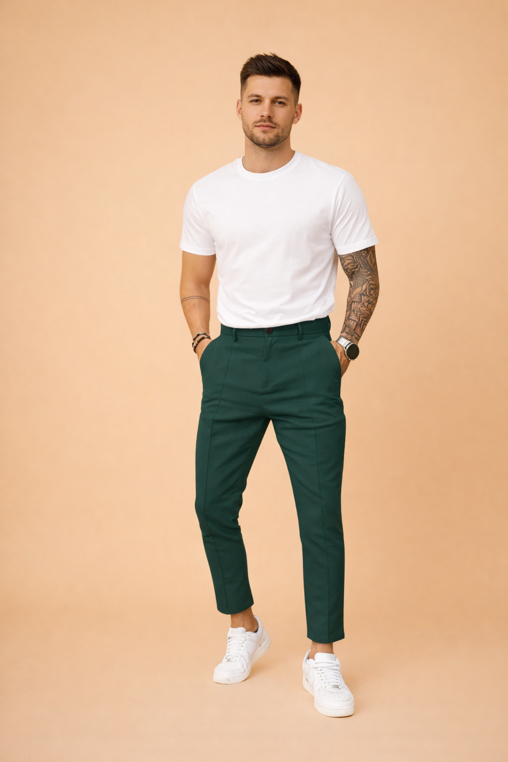 Men's Slim Fit Tapered Trousers in green, Smart Casual Cropped