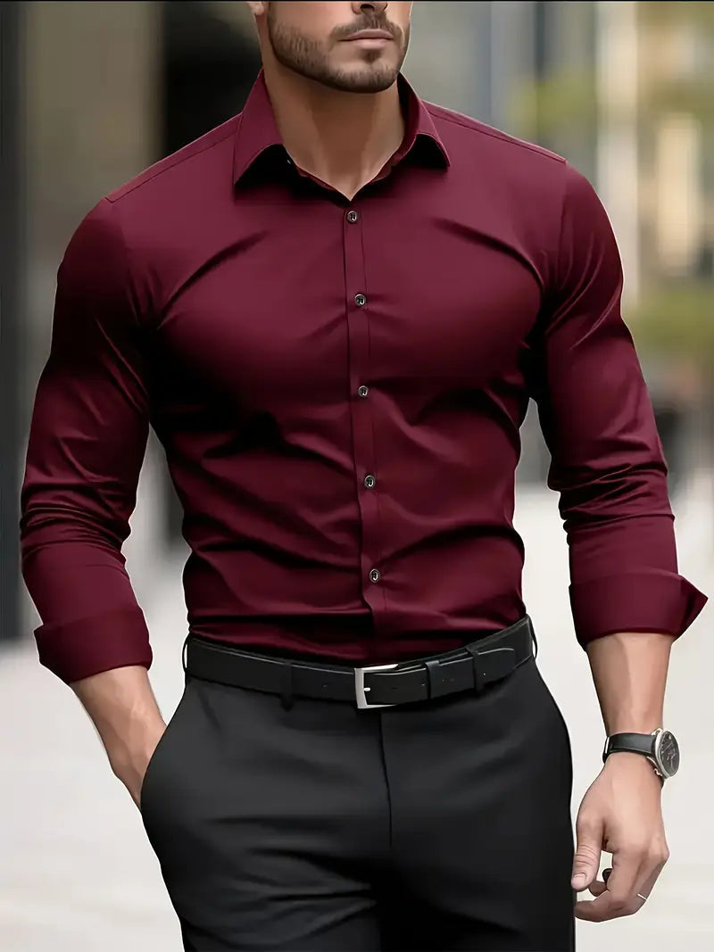 Men's Smart Fitted Shirt in burgundy, Long Sleeve Pointed Collar