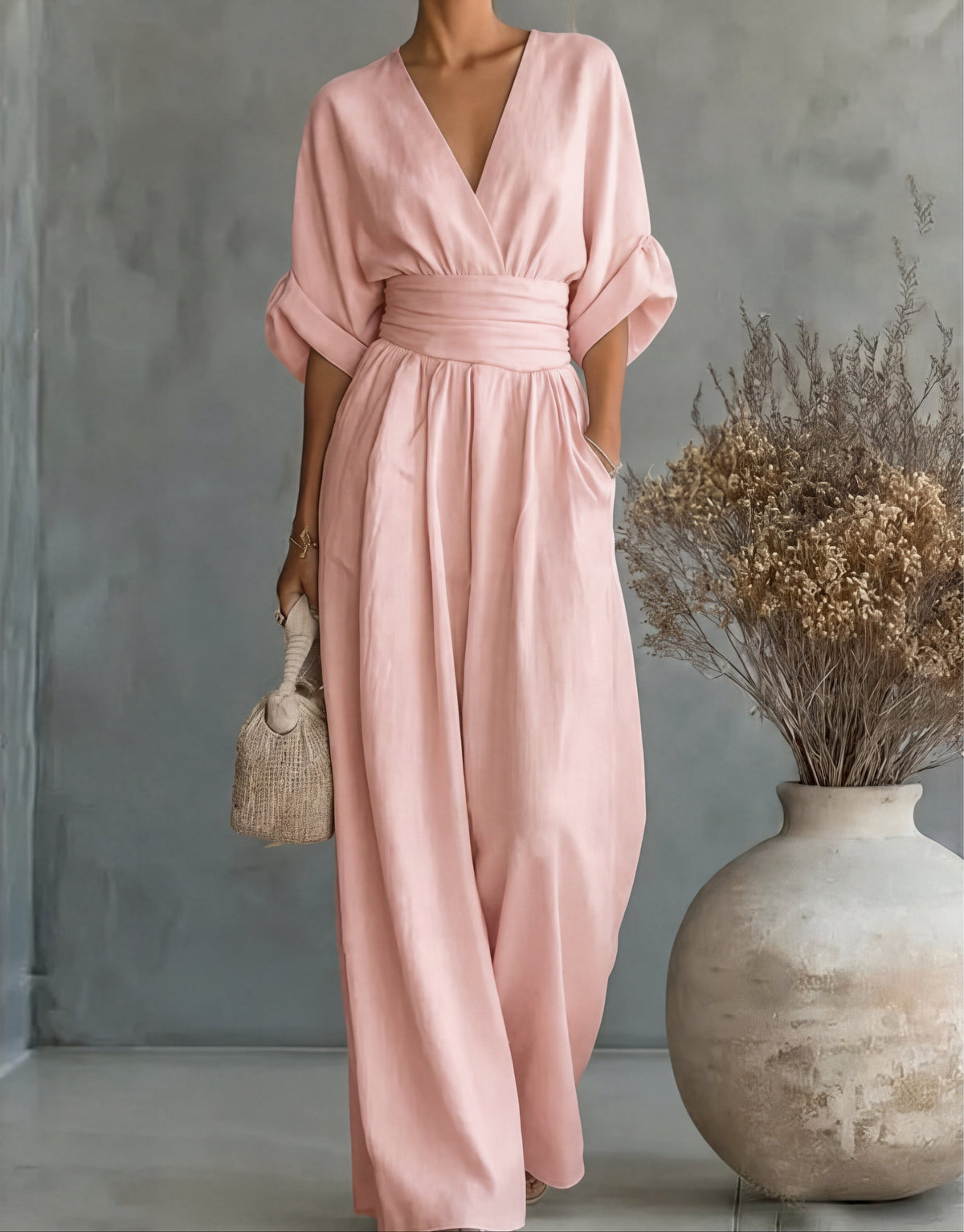 Women's Crossover Jumpsuit in pink, Wide Leg Elegant