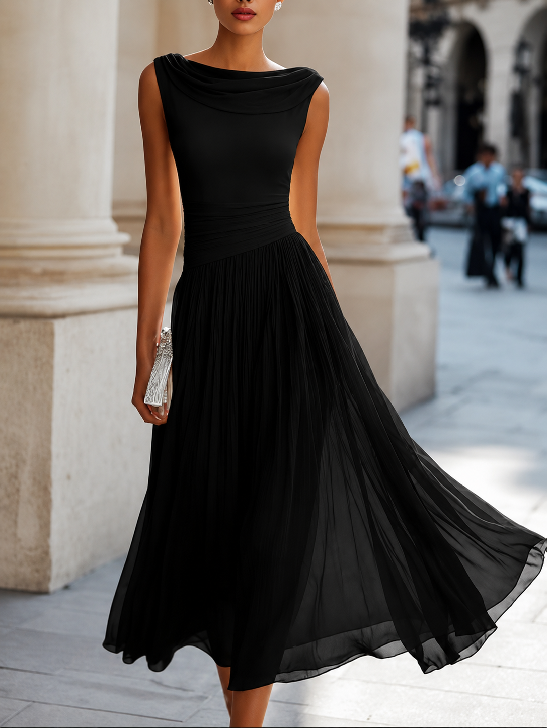 Women's Midi Dress with Cowl Neckline in black, Elegant Draped Design