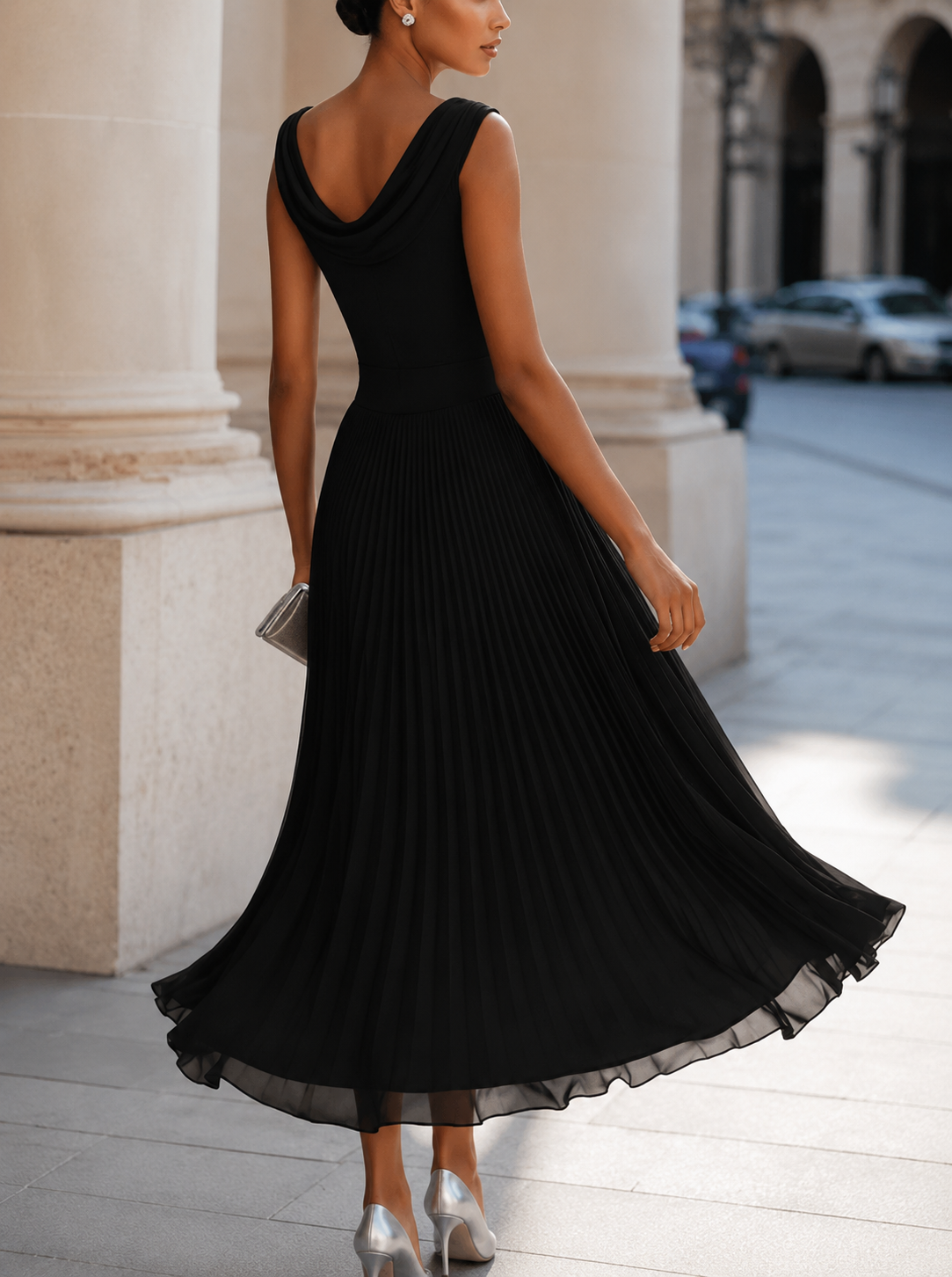 Women's Midi Dress with Cowl Neckline - Elegant Draped Design