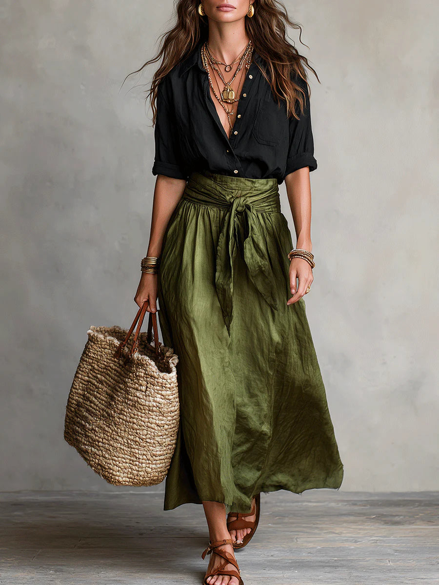 Women's Shirt & Midi Skirt Co-ord Set in black & olive, Black & Olive