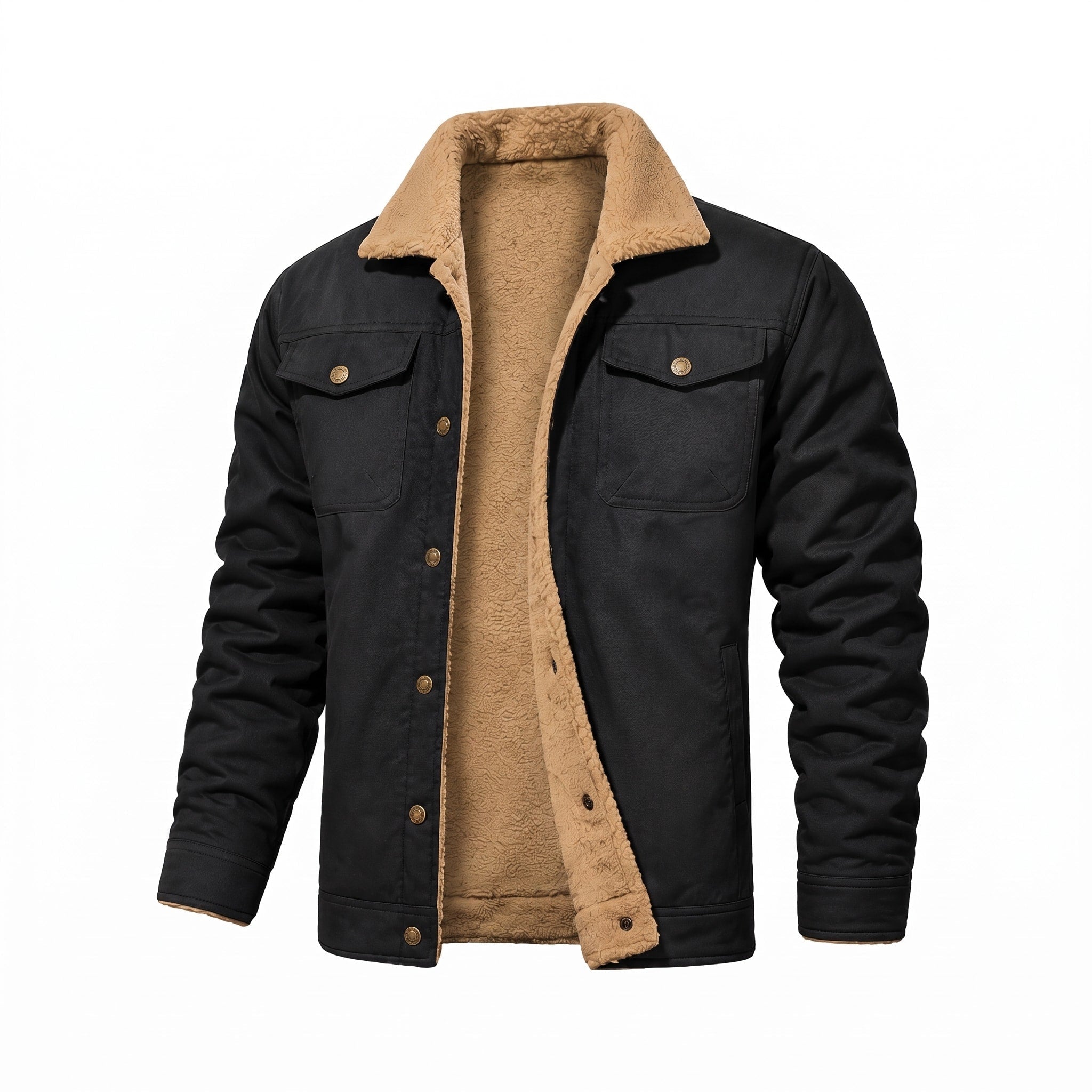 Men's Fleece Lined Trucker Jacket in black, Teddy Collar