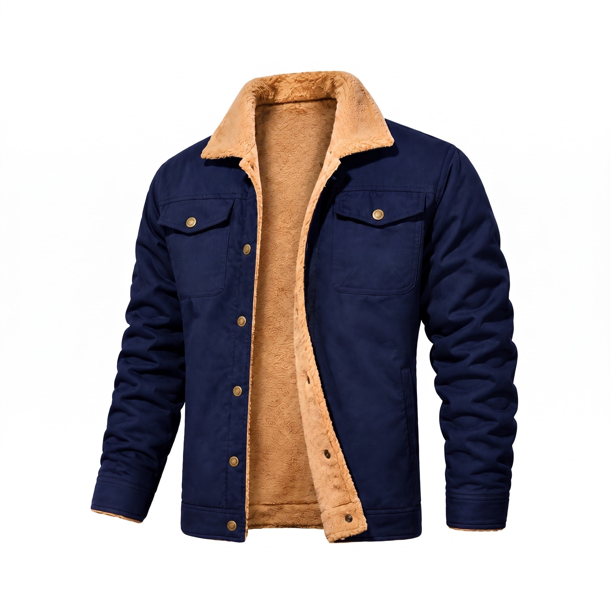 Men's Fleece Lined Trucker Jacket in navy, Teddy Collar