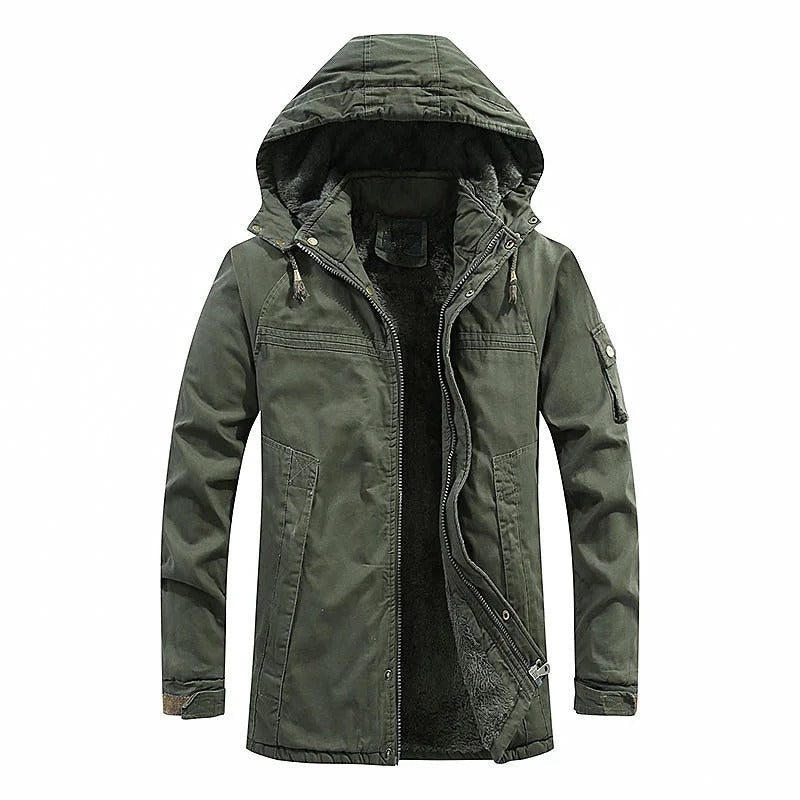 Men's Longline Hooded Winter Jacket in green, Fleece Lined