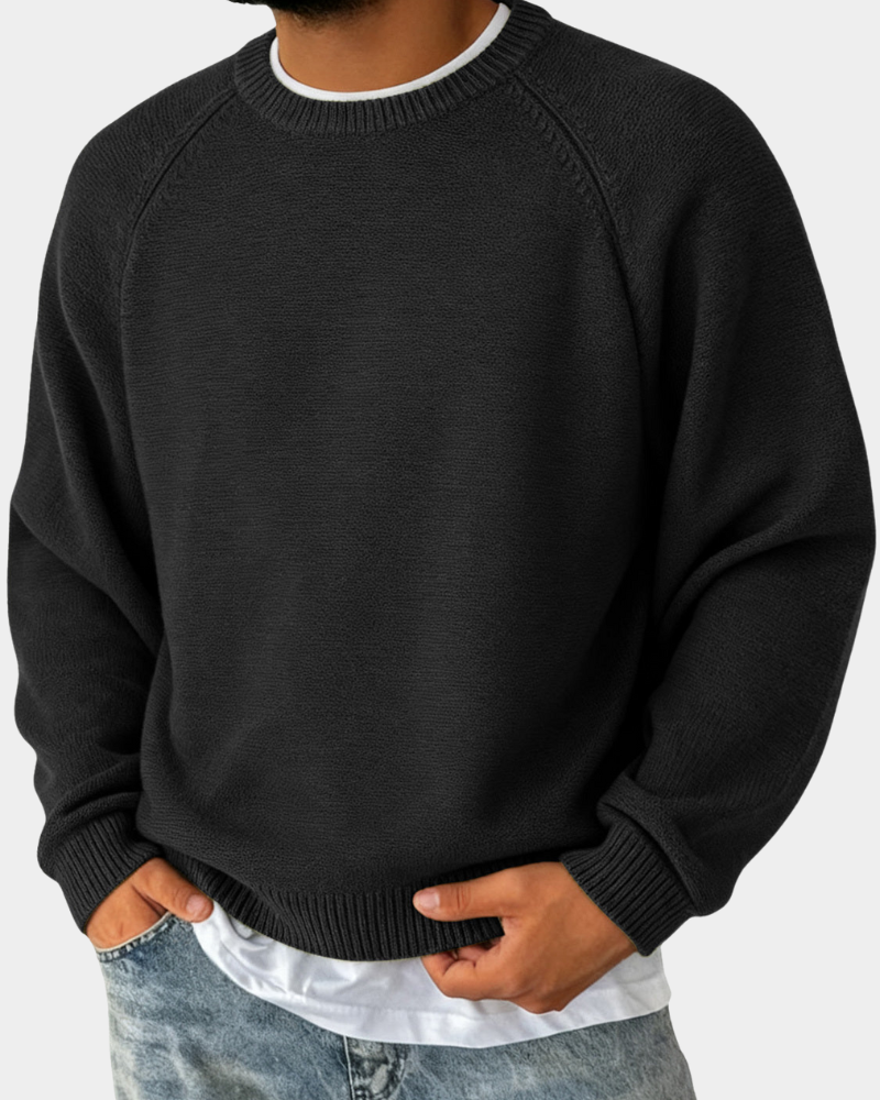 Men's Oversized Crew Neck Jumper in black, Warm Knit with Raglan Sleeves