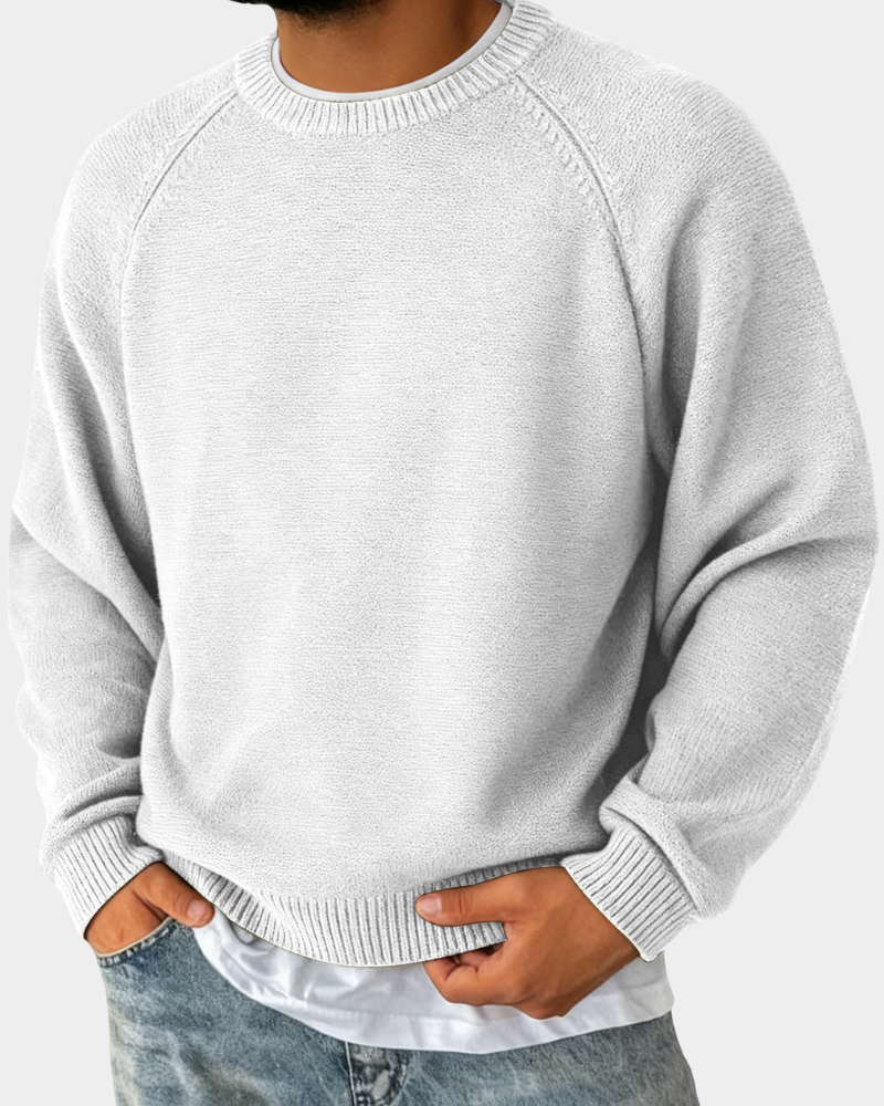Men's Oversized Crew Neck Jumper in white, Warm Knit with Raglan Sleeves