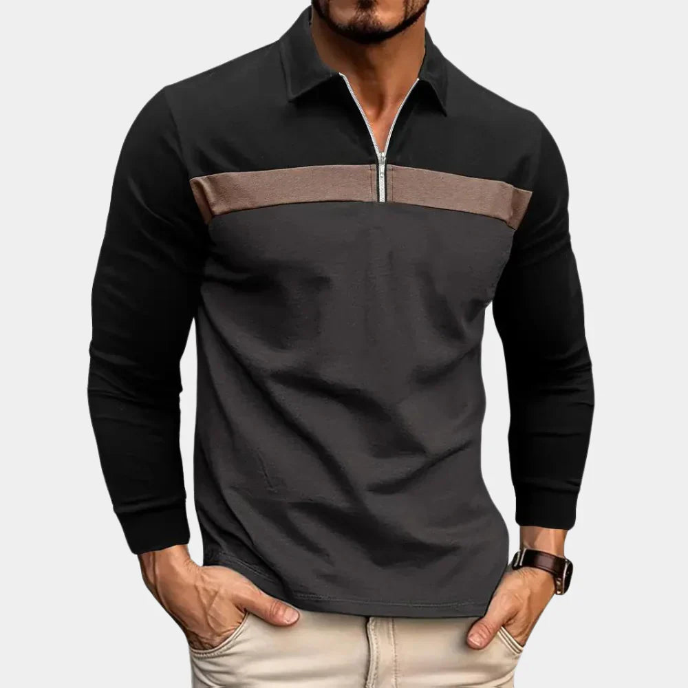 Men's Quarter Zip Polo Shirt in dark grey, Slim Fit Long Sleeve