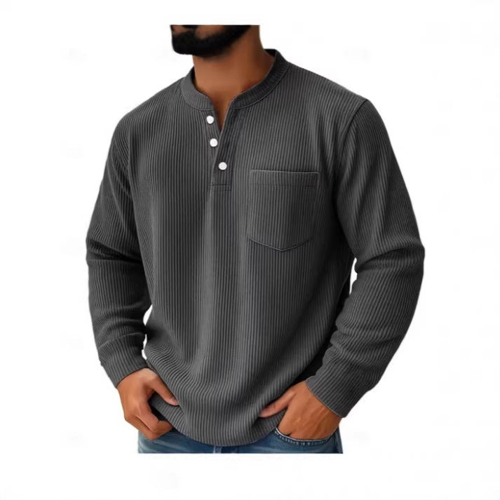 Men's Ribbed Henley Shirt Long Sleeve in grey, Casual Smart