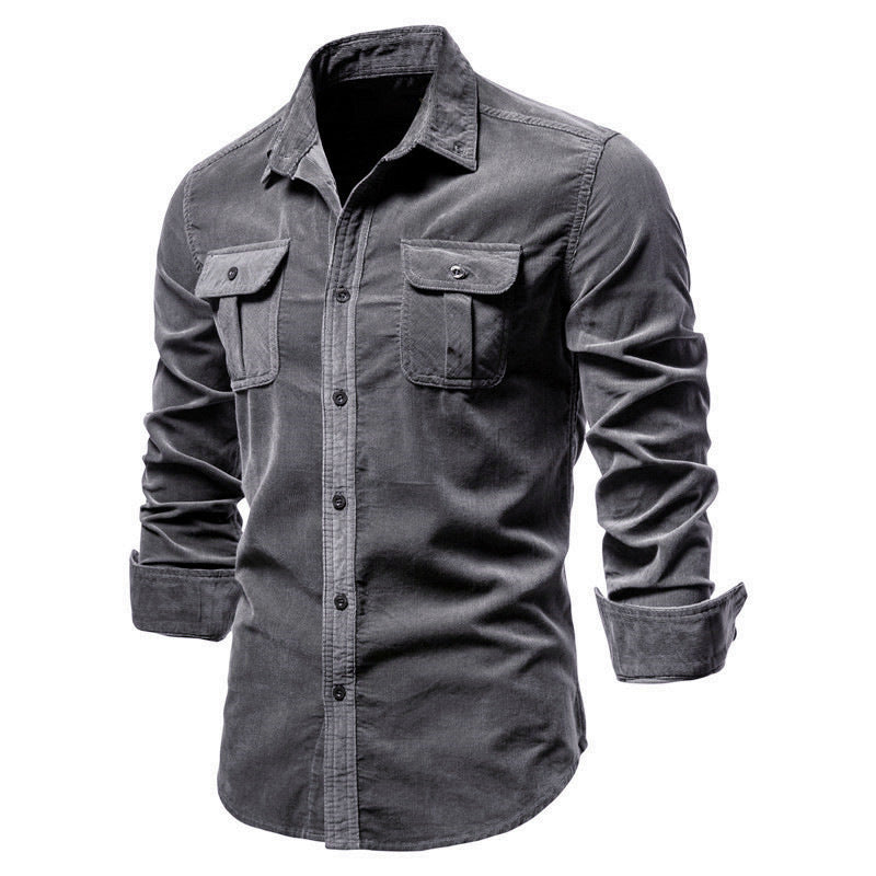 Men's Slim Fit Casual Shirt in dark grey, Long Sleeve with Chest Pockets