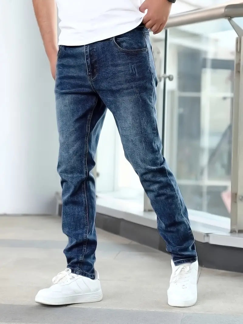 Men's Slim Fit Jeans in navy, Tapered Leg Faded Wash