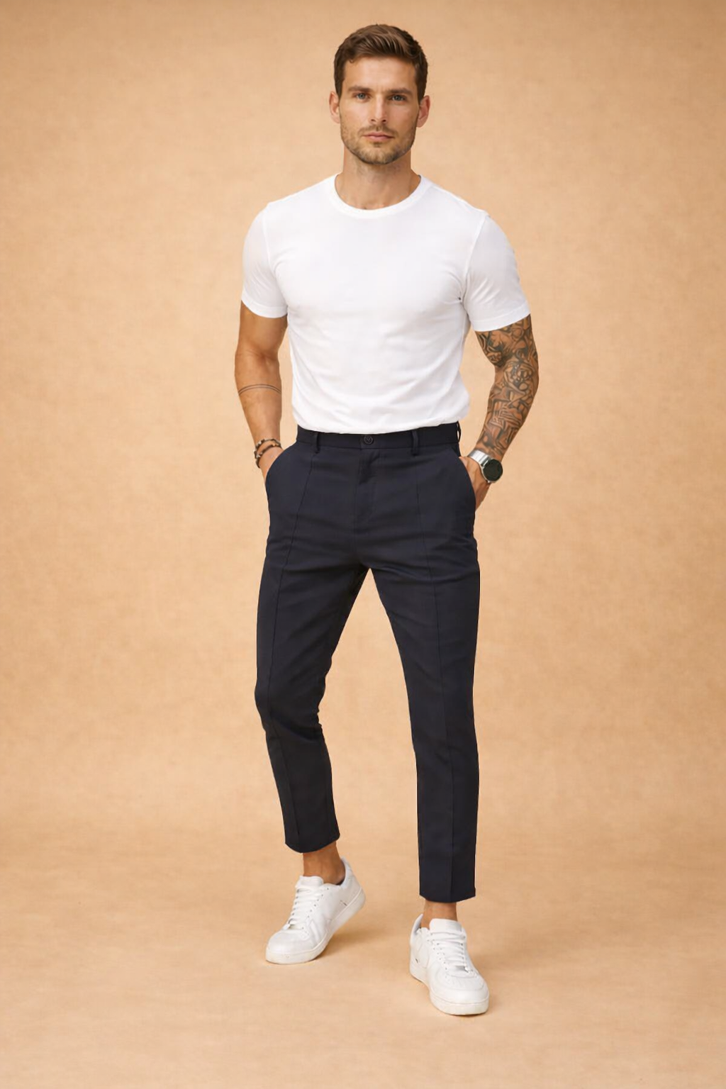 Men's Slim Fit Tapered Trousers in black, Smart Casual Cropped