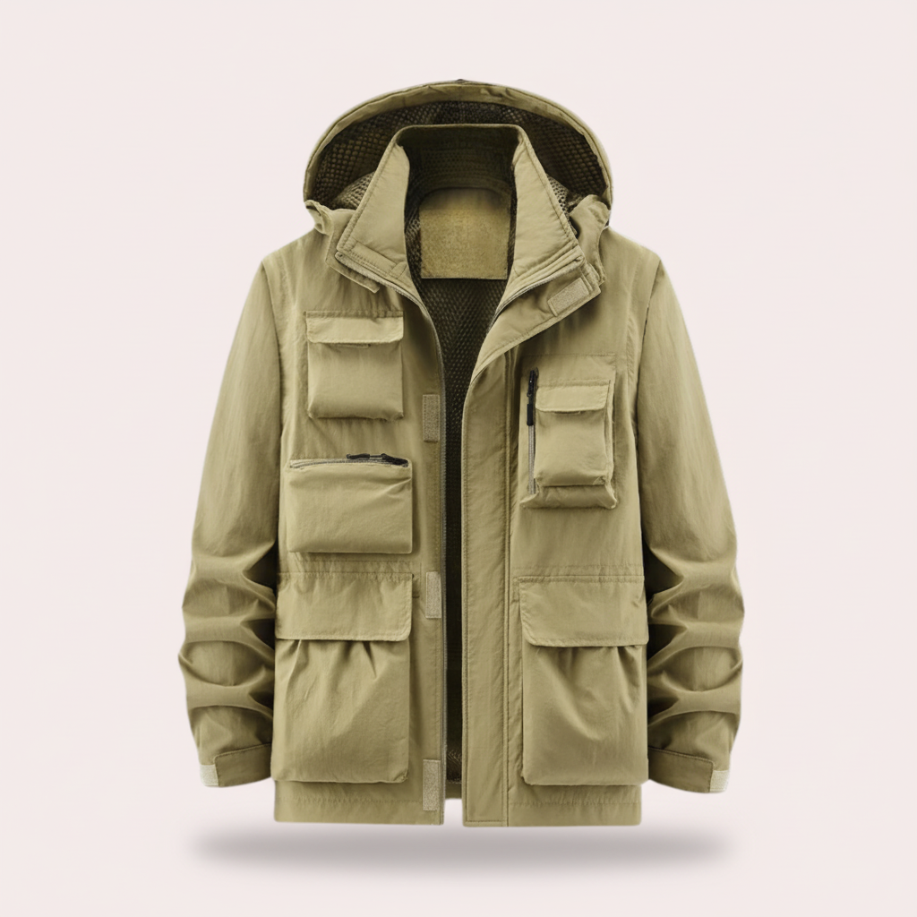 Men's Waterproof Outdoor Jacket with Hood in khaki, Lightweight Shell