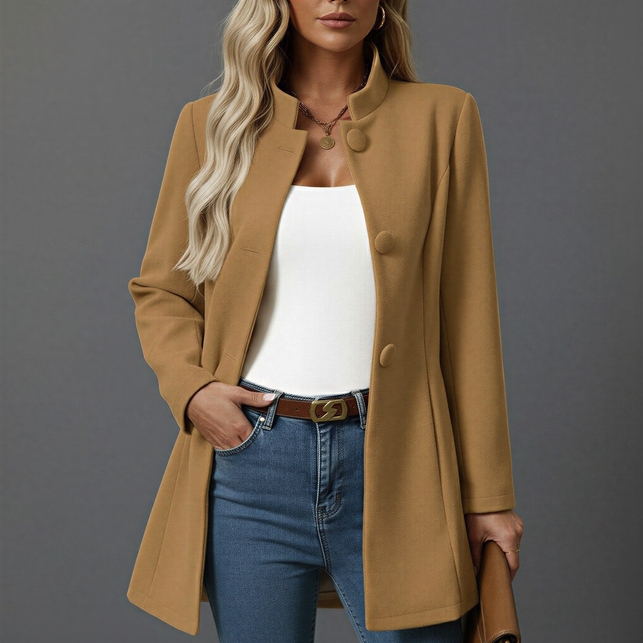 Women's A-Line Button-Down Coat in camel, Stand Collar Autumn Style