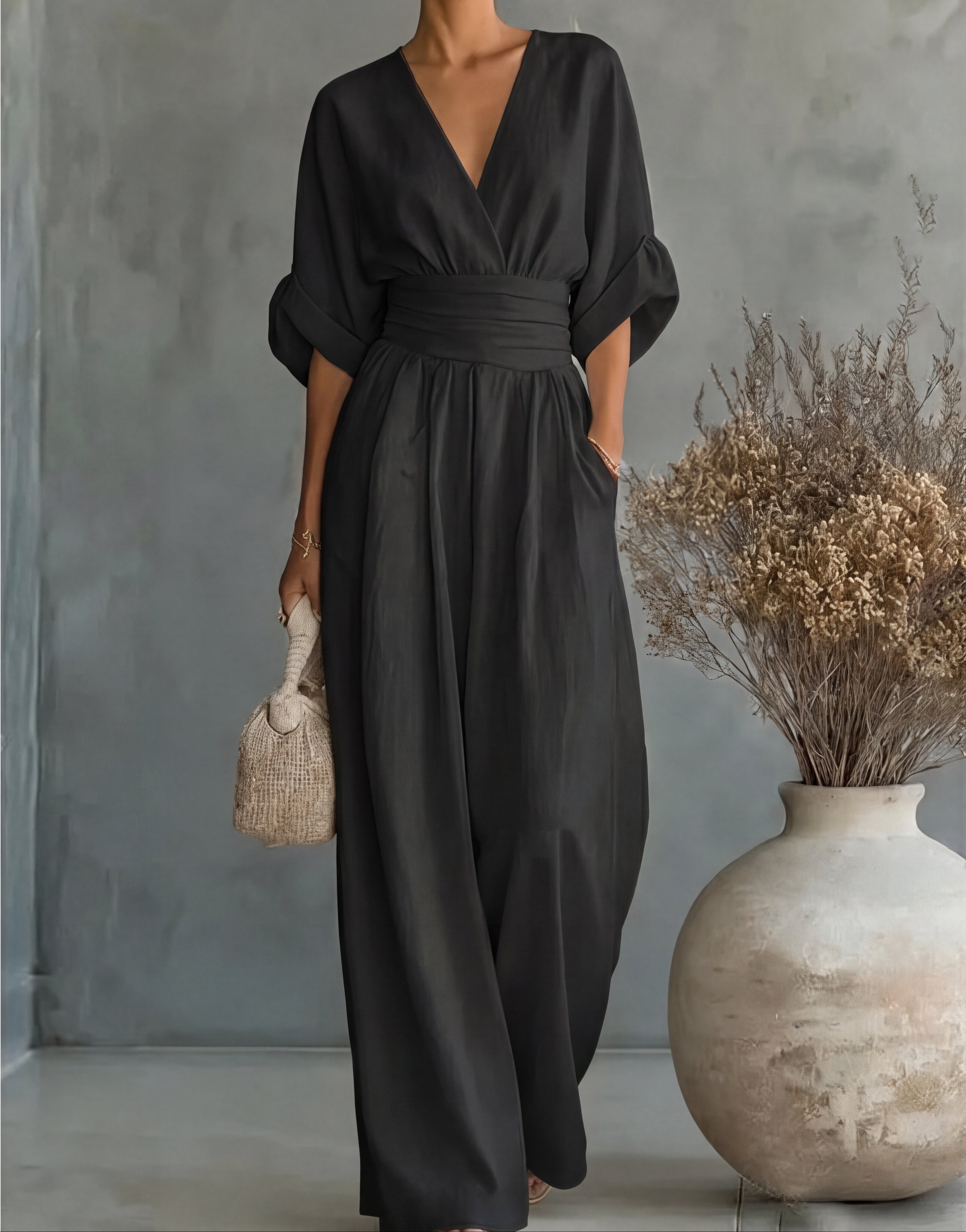 Women's Crossover Jumpsuit in black, Wide Leg Elegant