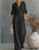 Women's Crossover Jumpsuit in black, Wide Leg Elegant