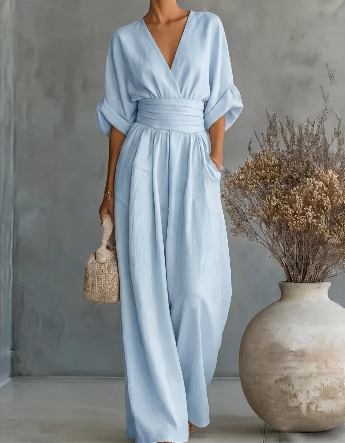 Women's Crossover Jumpsuit in blue, Wide Leg Elegant