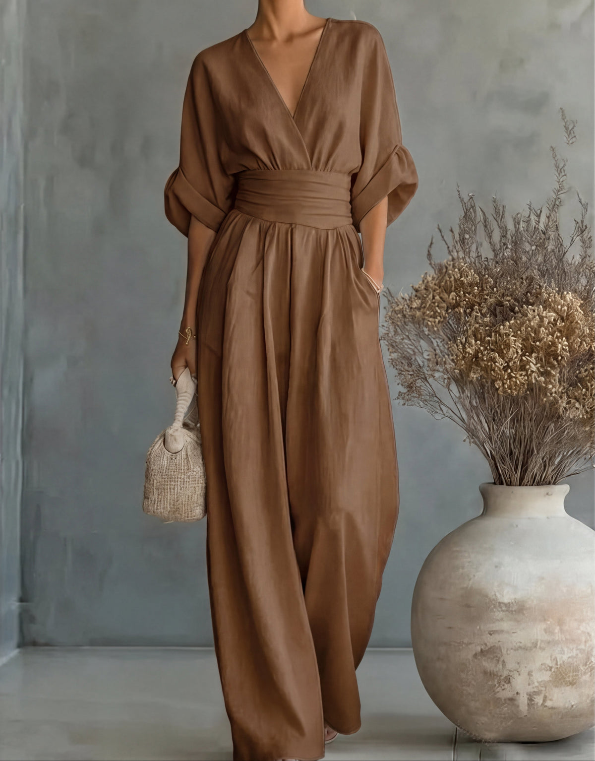 Women's Crossover Jumpsuit in brown, Wide Leg Elegant
