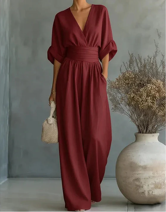 Women's Crossover Jumpsuit in burgundy, Wide Leg Elegant