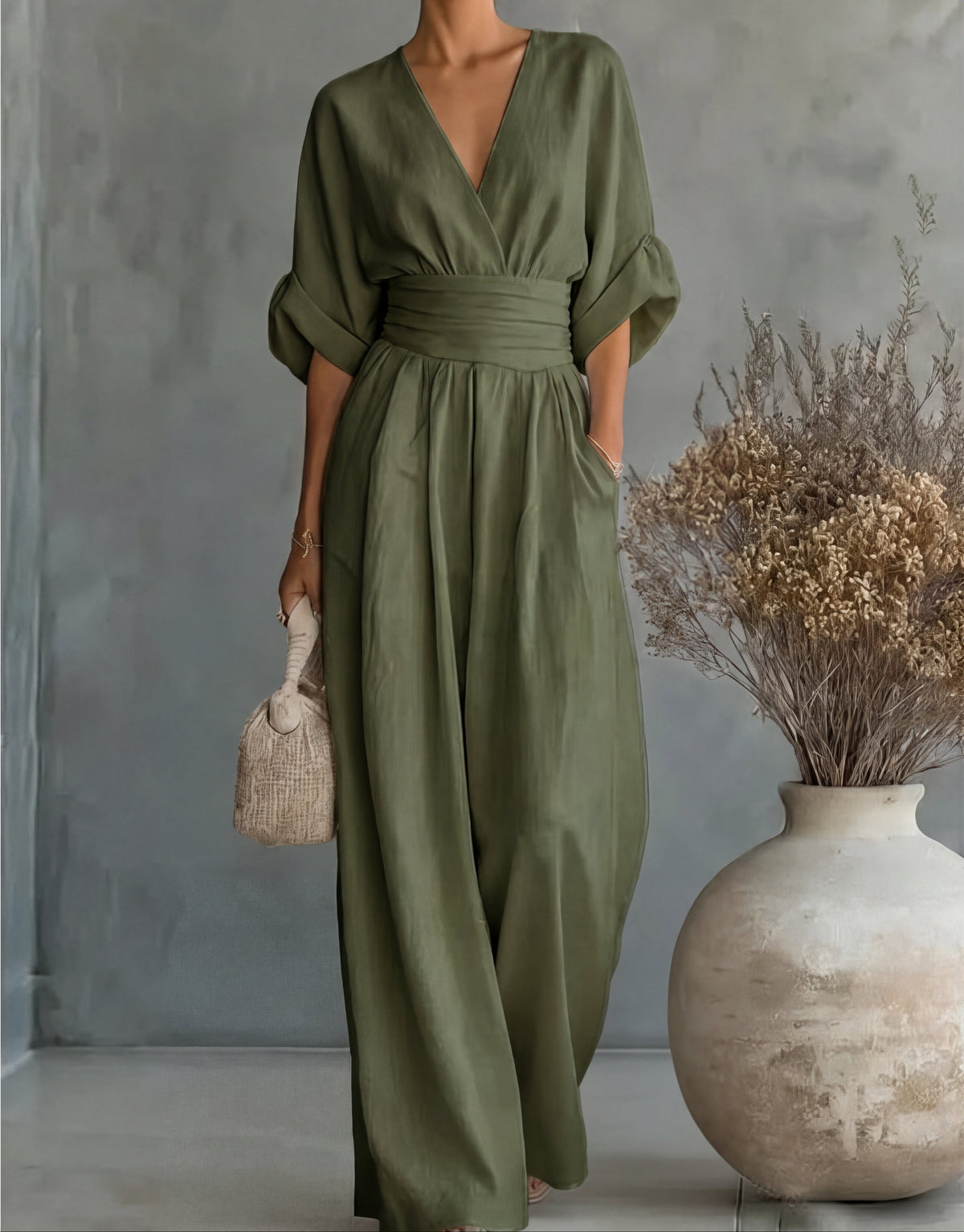 Women's Crossover Jumpsuit in green, Wide Leg Elegant