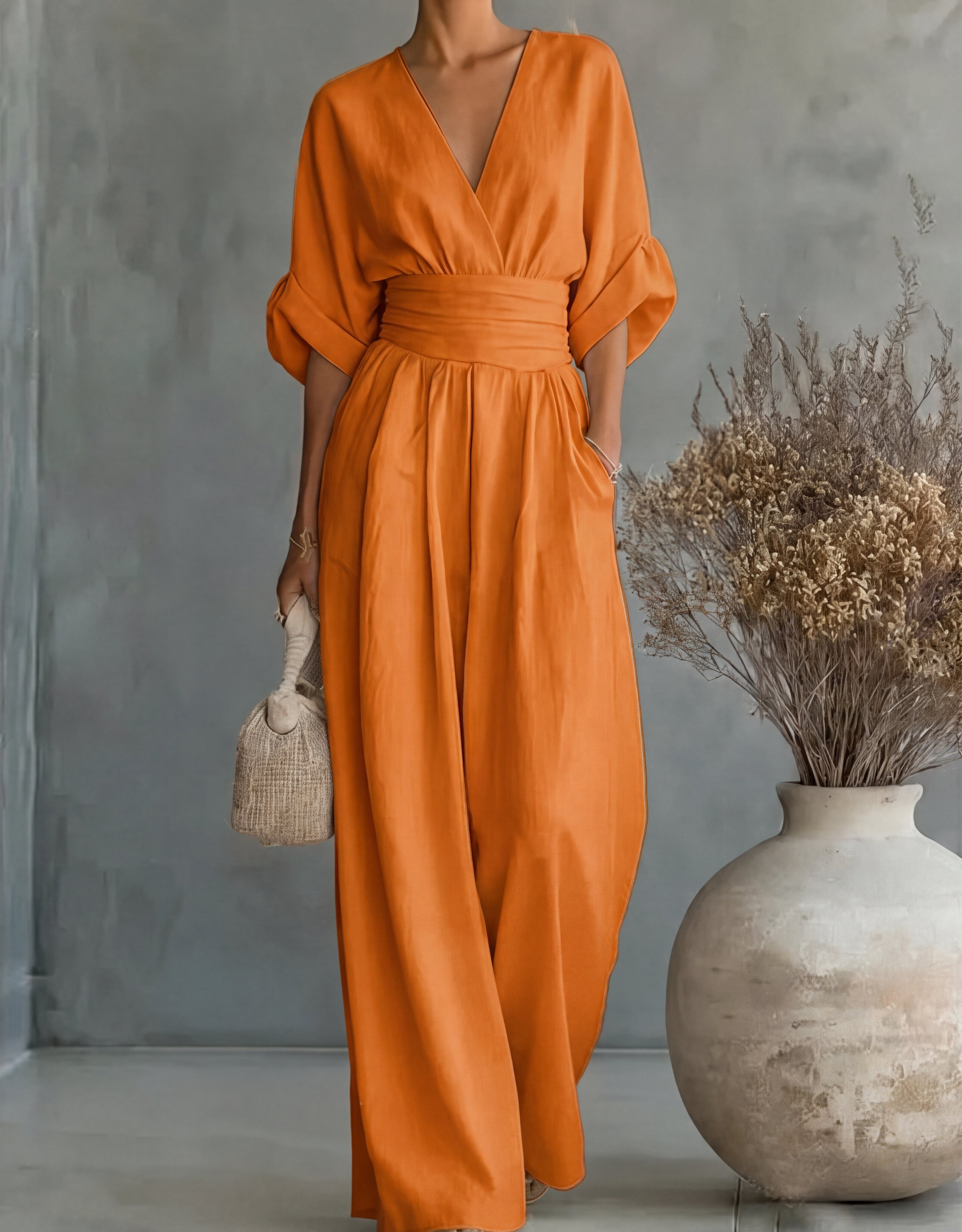 Women's Crossover Jumpsuit in orange, Wide Leg Elegant