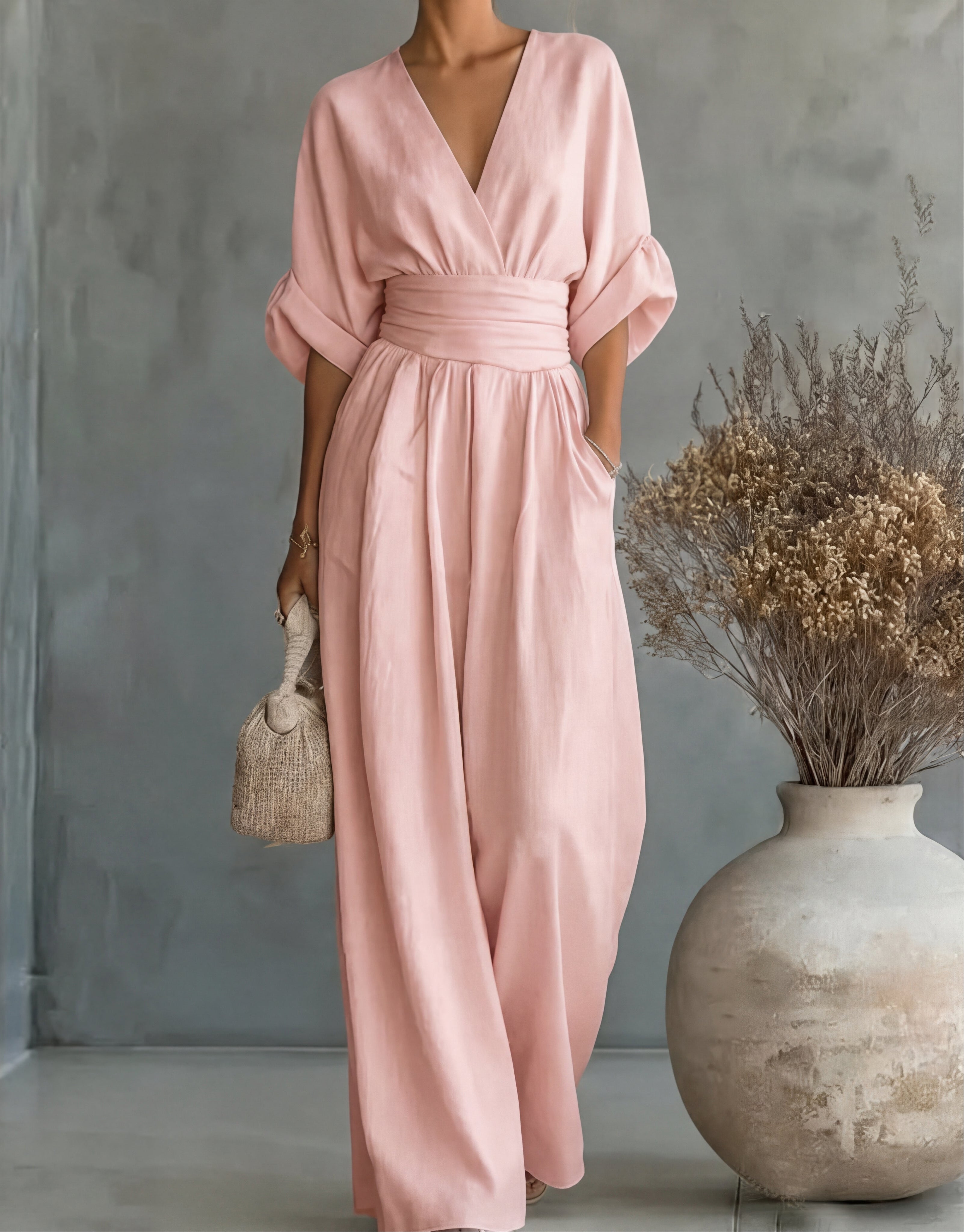 Women's Crossover Jumpsuit in pink, Wide Leg Elegant
