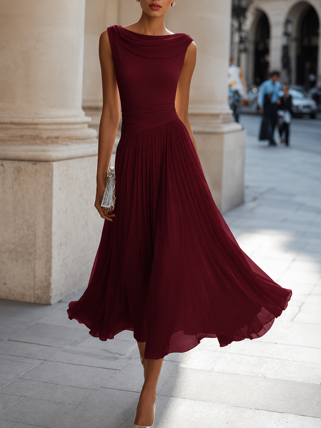 Women's Midi Dress with Cowl Neckline in bordeaux, Elegant Draped Design