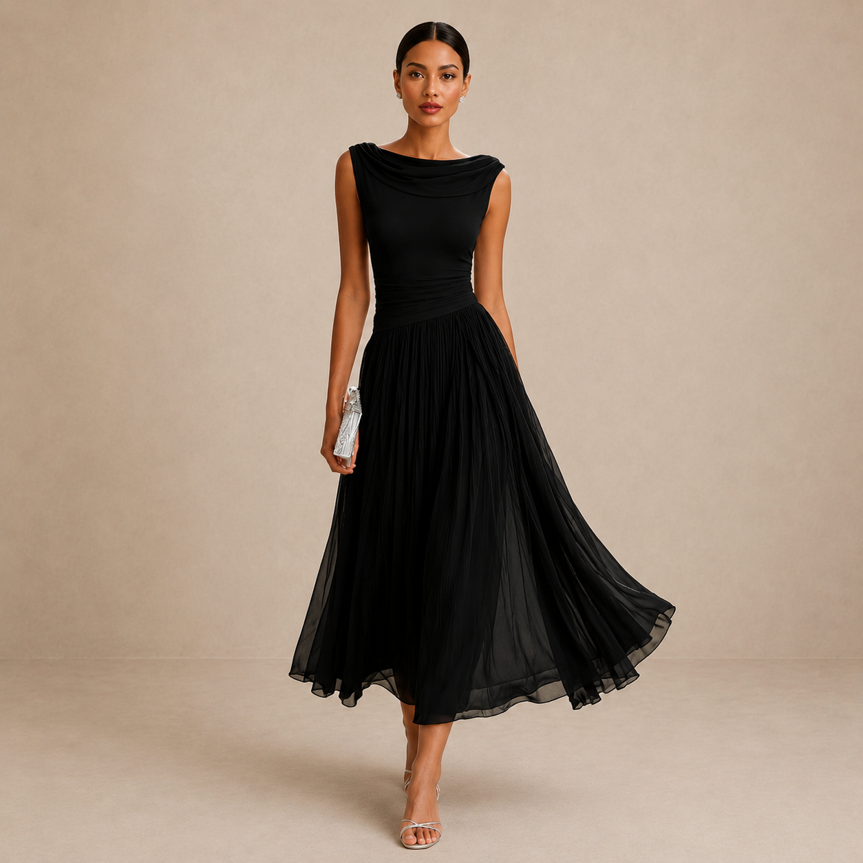 Women's Midi Dress with Cowl Neckline - Elegant Draped Design