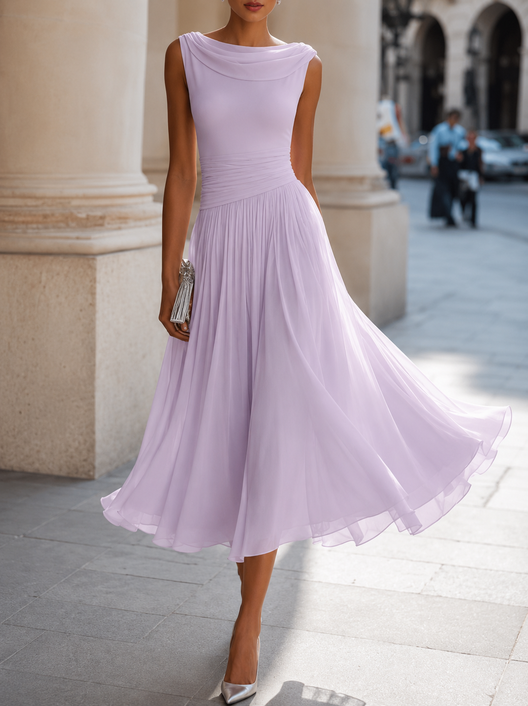 Women's Midi Dress with Cowl Neckline in lavender, Elegant Draped Design