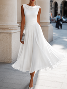 Women's Midi Dress with Cowl Neckline in white, Elegant Draped Design
