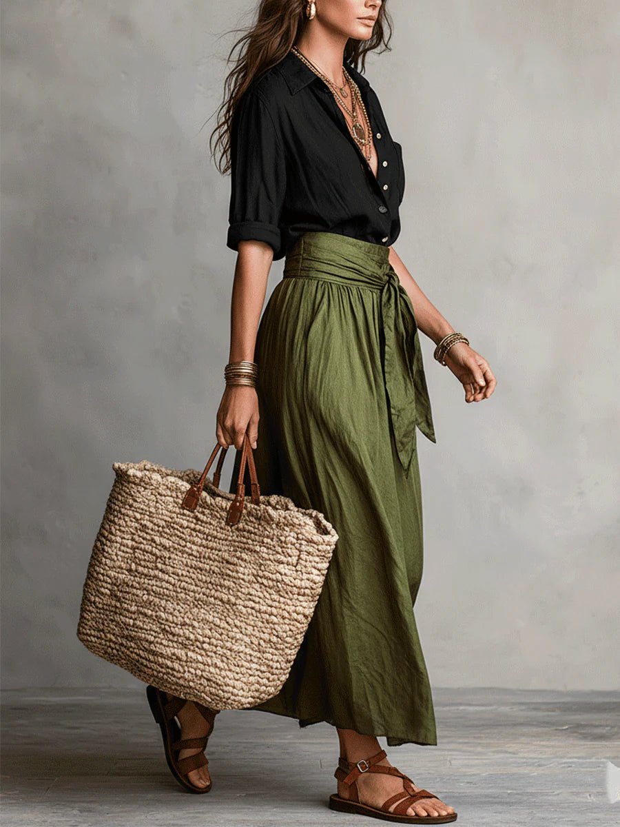 Women's Shirt & Midi Skirt Co-ord Set - Black & Olive