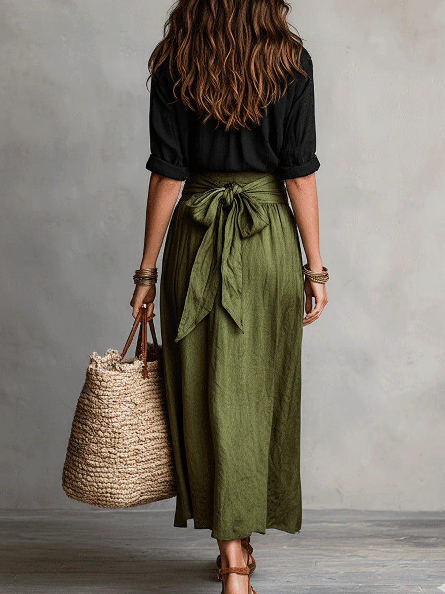 Women's Shirt & Midi Skirt Co-ord Set - Black & Olive
