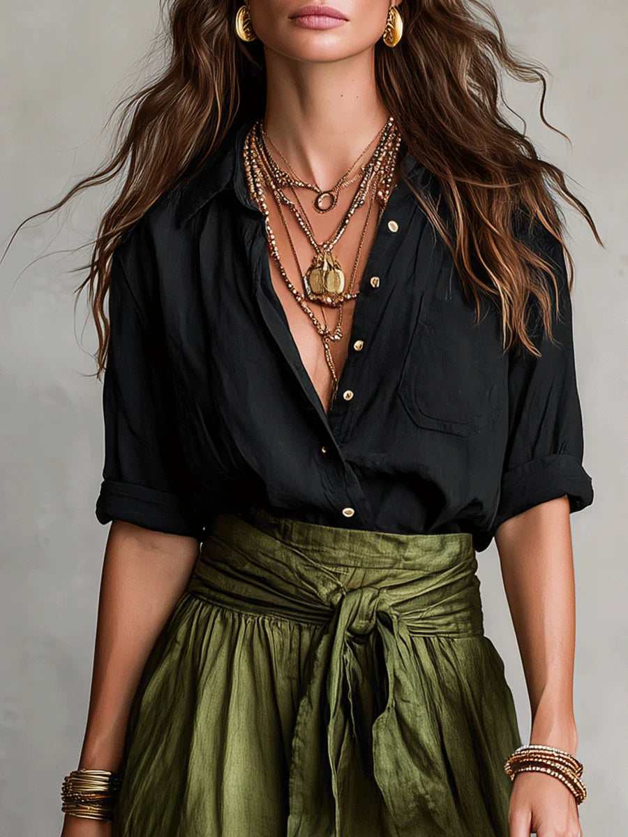 Women's Shirt & Midi Skirt Co-ord Set - Black & Olive