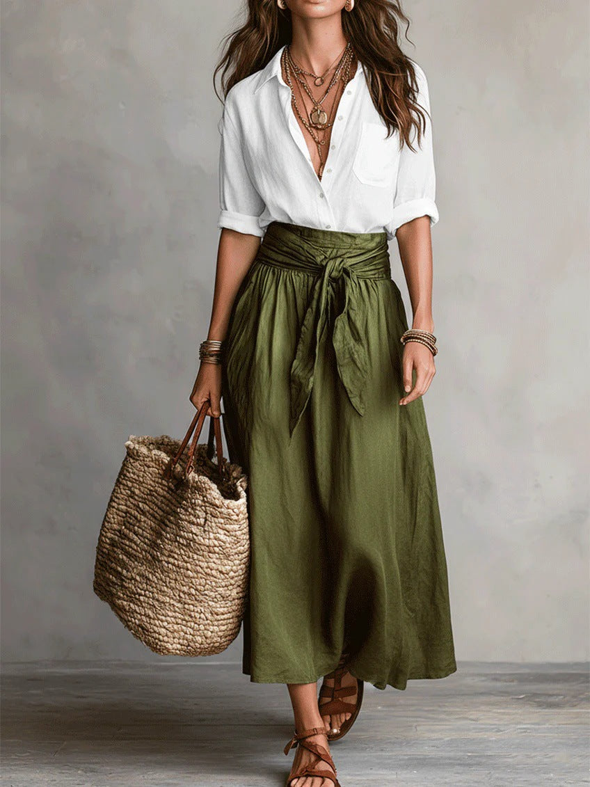 Women's Shirt & Midi Skirt Co-ord Set in white, Black & Olive